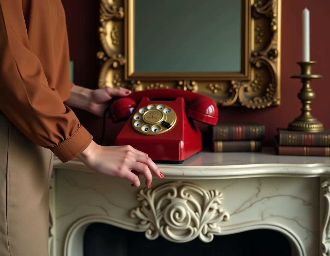 Femme positionnant un téléphone à cadran rotatif rouge sur une cheminée en marbre décorée d'objets vintage choisis avec soin
