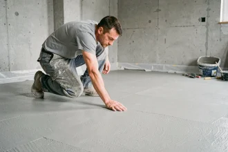 Ouvrier testant le séchage d'un ragréage fibré avant la pose de carrelage