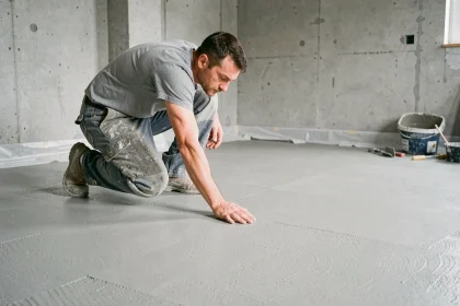 Ouvrier testant le séchage d'un ragréage fibré avant la pose de carrelage