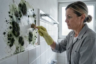 Femme appliquant un traitement antifongique sur un mur de salle de bain recouvert de moisissures noires et vertes