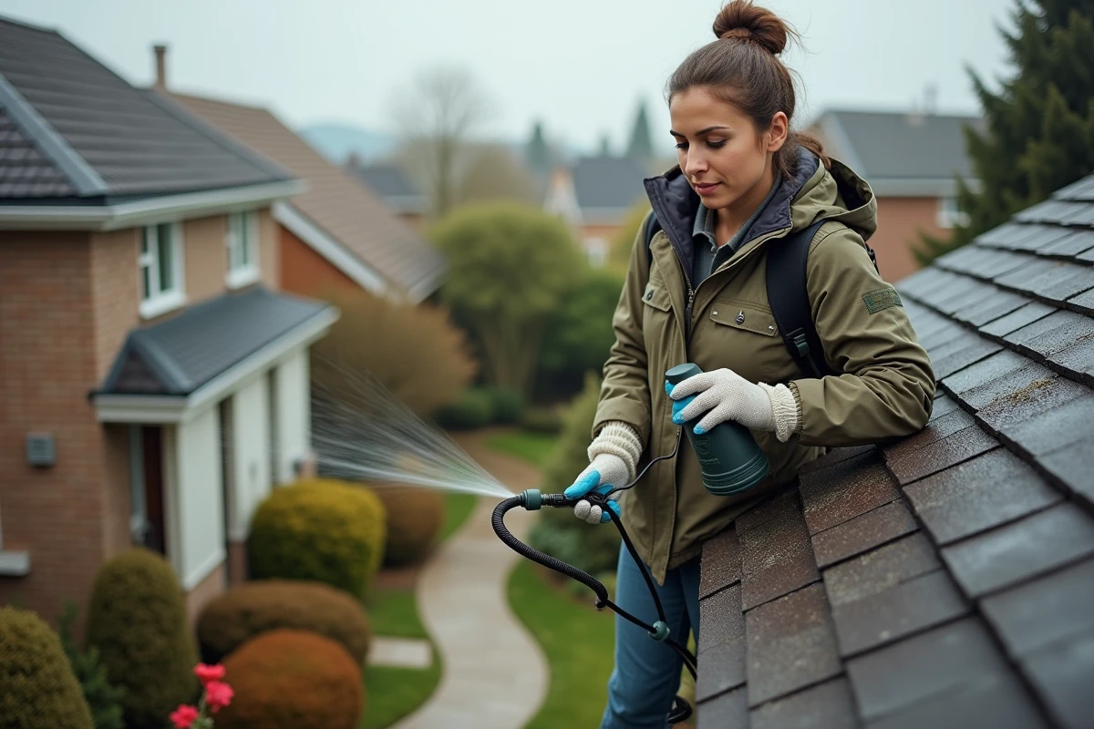 Femme appliquant un traitement antimousse sur le toit