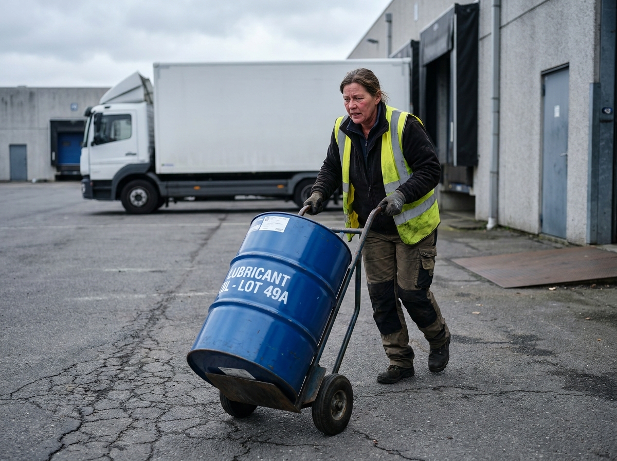 Femme logisticienne transportant un fût en acier bleu avec diable sur un quai de chargement industriel