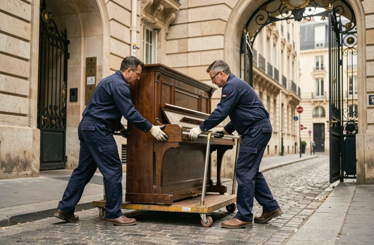 Deux déménageurs professionnels transportant un piano droit à l'entrée d'un immeuble parisien avec un diable renforcé