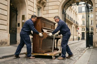 Deux déménageurs professionnels transportant un piano droit à l'entrée d'un immeuble parisien avec un diable renforcé