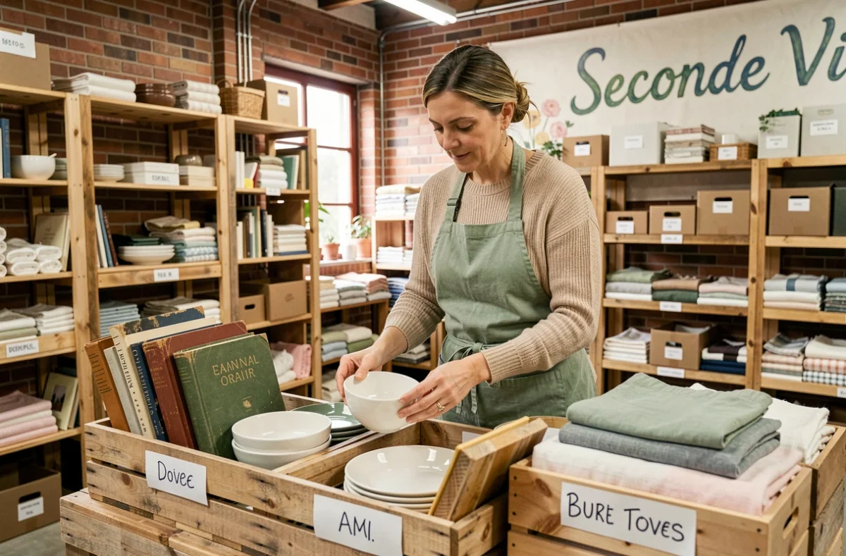 Femme triant des objets de débarras dans un entrepôt de dons écoresponsable avec des caisses en bois étiquetées