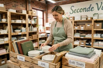Femme triant des objets de débarras dans un entrepôt de dons écoresponsable avec des caisses en bois étiquetées