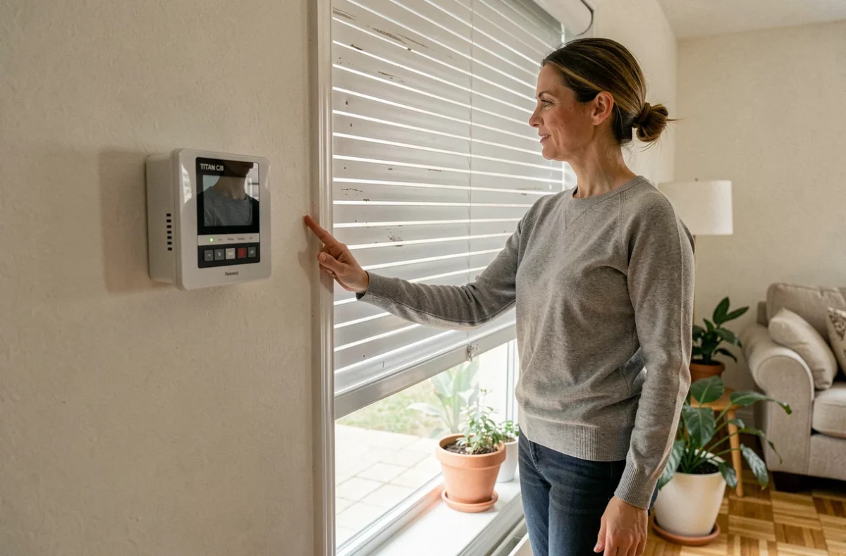 Femme utilisant le système de commande TITAN C28 pour actionner un volet roulant dans un salon moderne