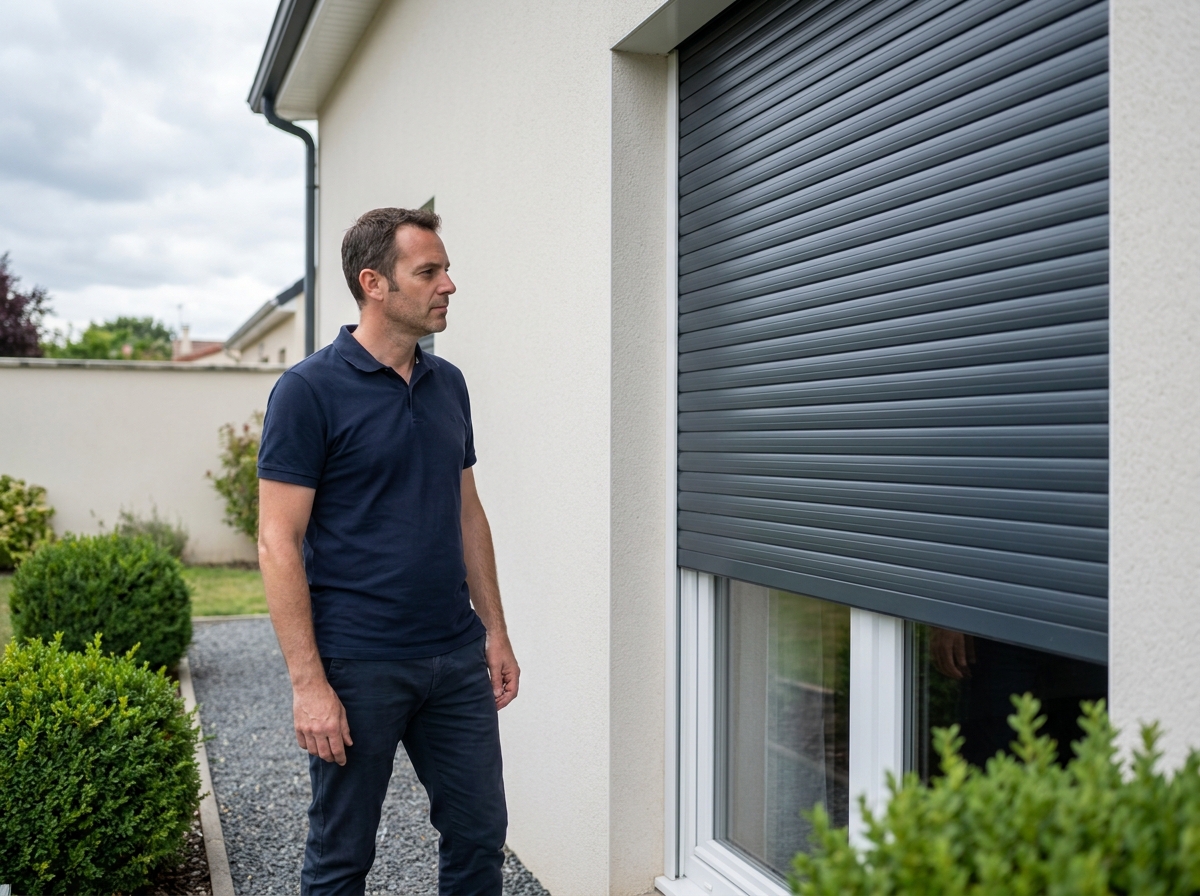 Homme inspectant un volet roulant anthracite sur une maison contemporaine avec façade claire