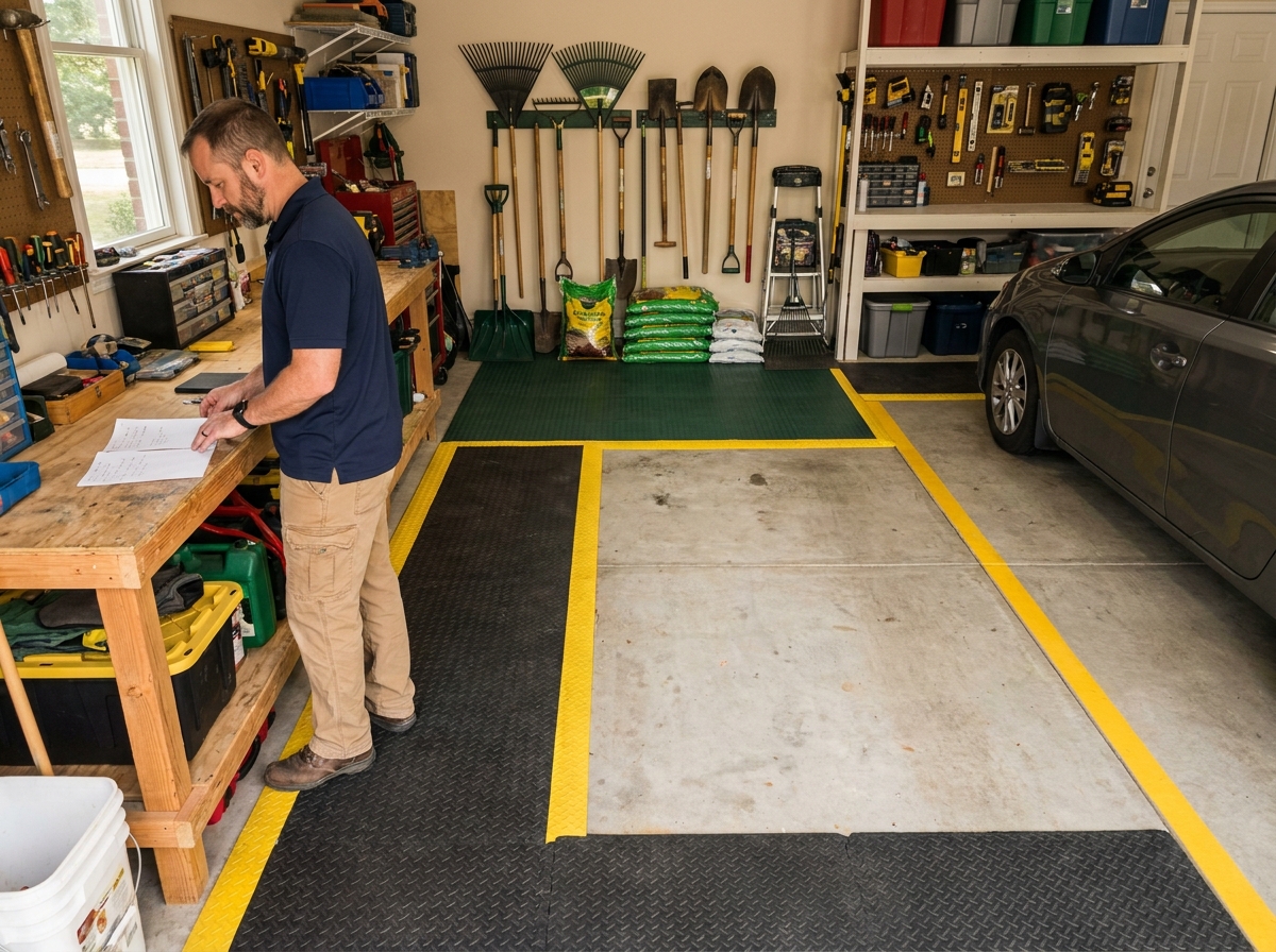 Zones de stockage définies dans un garage avec délimitations visuelles pour chaque activité ou usage